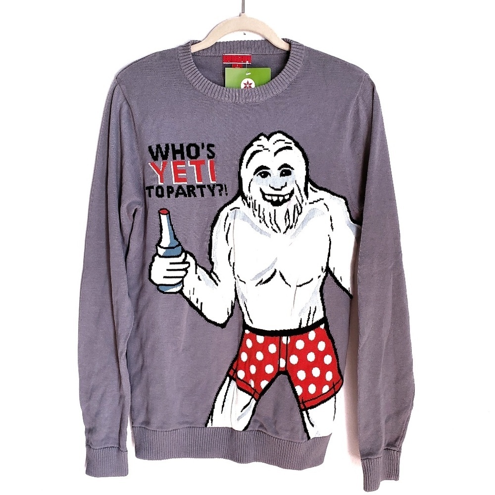 Ugly Christmas Sweater Mens S Small Who's Yeti To Party Gray